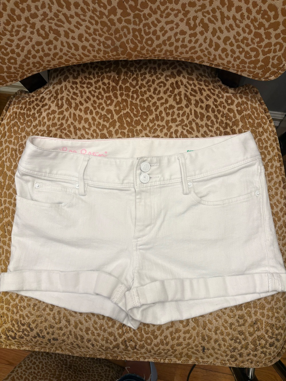 Lilly Pulitzer White Denim Shorts with Pink Interior Script